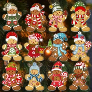 12 pieces/set of wooden hanging Gingerbread Man ornaments for Christmas trees.