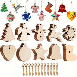 10Pcs Wooden Snowflake & Elk Ornaments with Cord